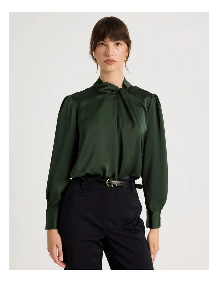 Twist Mock Neck Satin Long Sleeve Top in Dark Green image 2