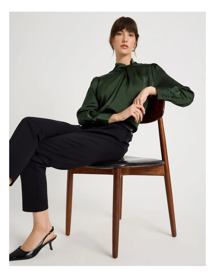 Twist Mock Neck Satin Long Sleeve Top in Dark Green image 3