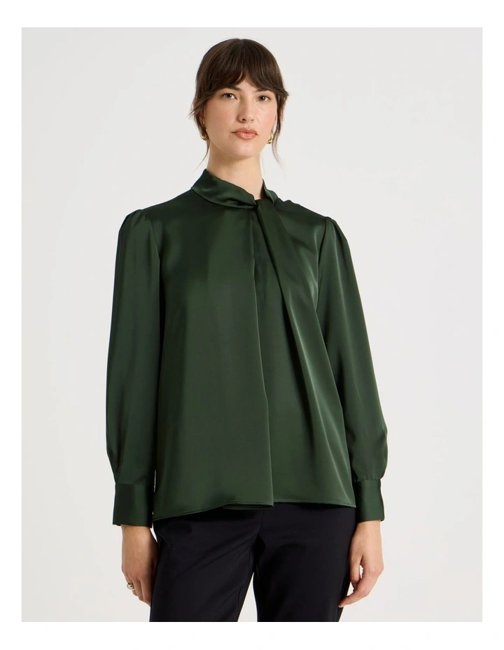 Twist Mock Neck Satin Long Sleeve Top in Dark Green image 5