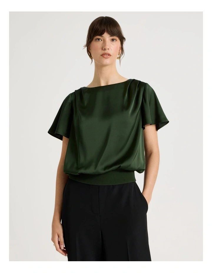 Short Sleeve Satin Elastic Waist Tee in Dark Green image 1