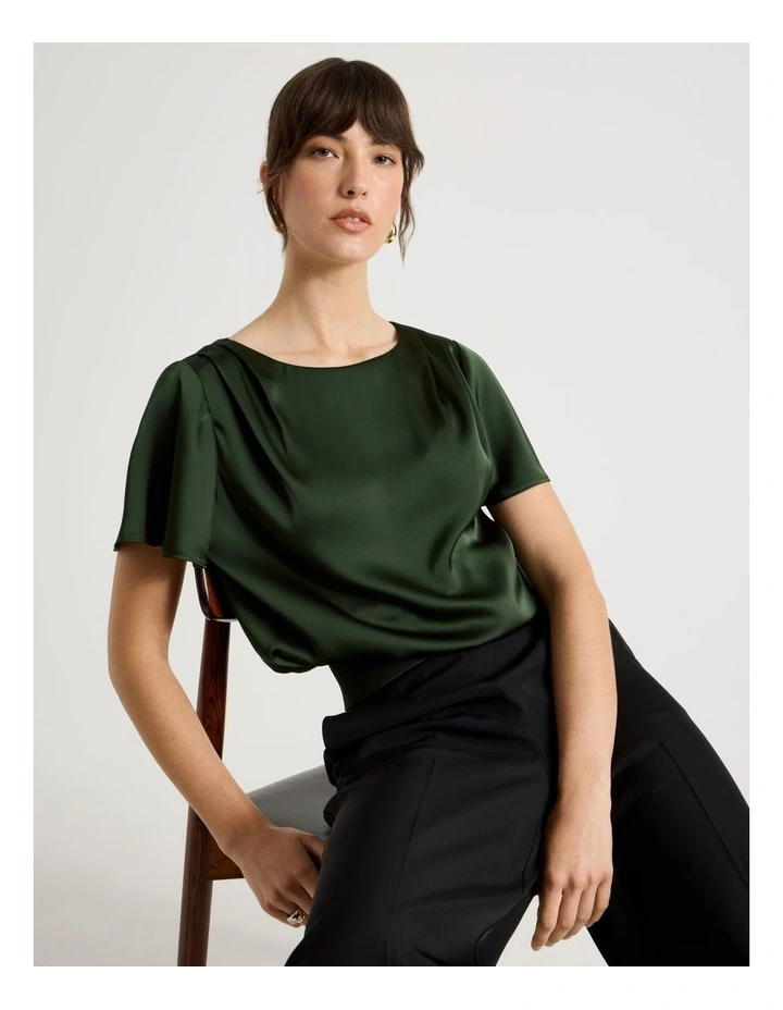 Short Sleeve Satin Elastic Waist Tee in Dark Green image 2