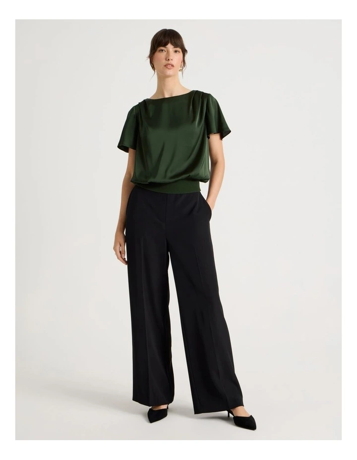 Short Sleeve Satin Elastic Waist Tee in Dark Green image 3