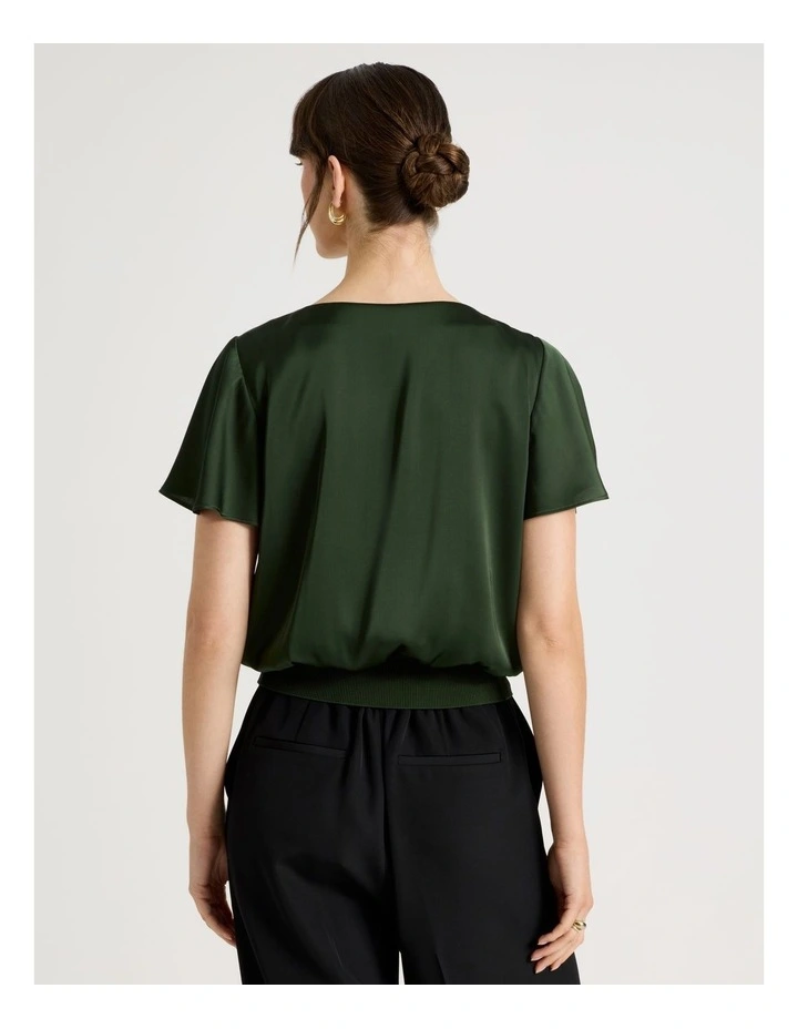 Short Sleeve Satin Elastic Waist Tee in Dark Green image 5