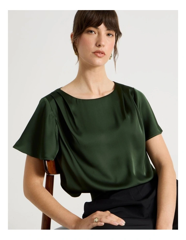 Short Sleeve Satin Elastic Waist Tee in Dark Green image 6