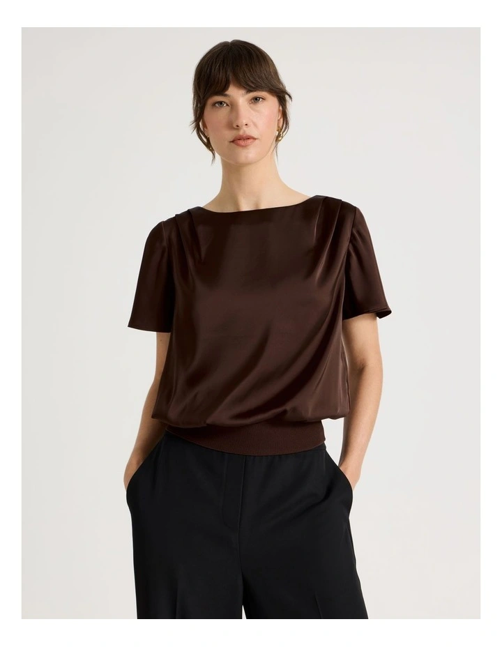 Short Sleeve Satin Elastic Waist Tee in Brown image 1