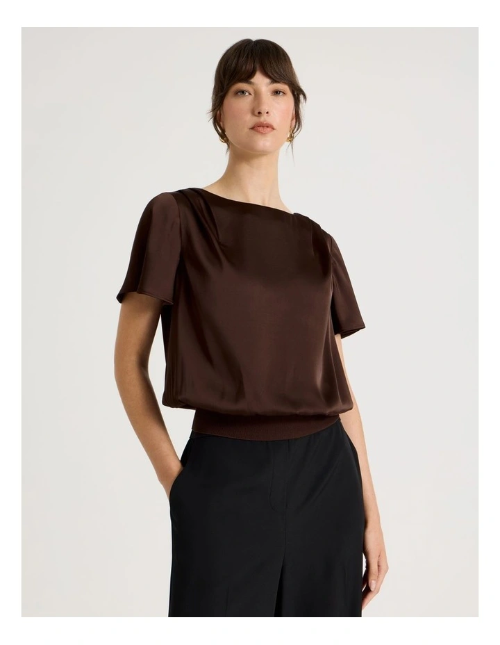 Short Sleeve Satin Elastic Waist Tee in Brown image 4