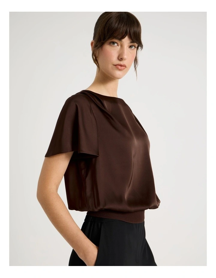 Short Sleeve Satin Elastic Waist Tee in Brown image 5