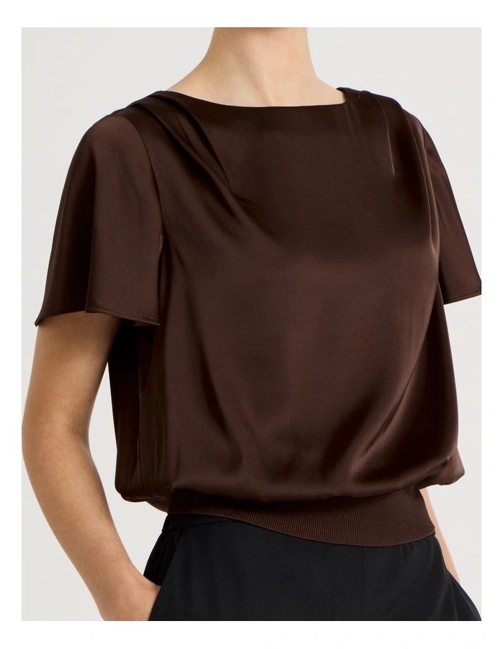 Short Sleeve Satin Elastic Waist Tee in Brown image 7