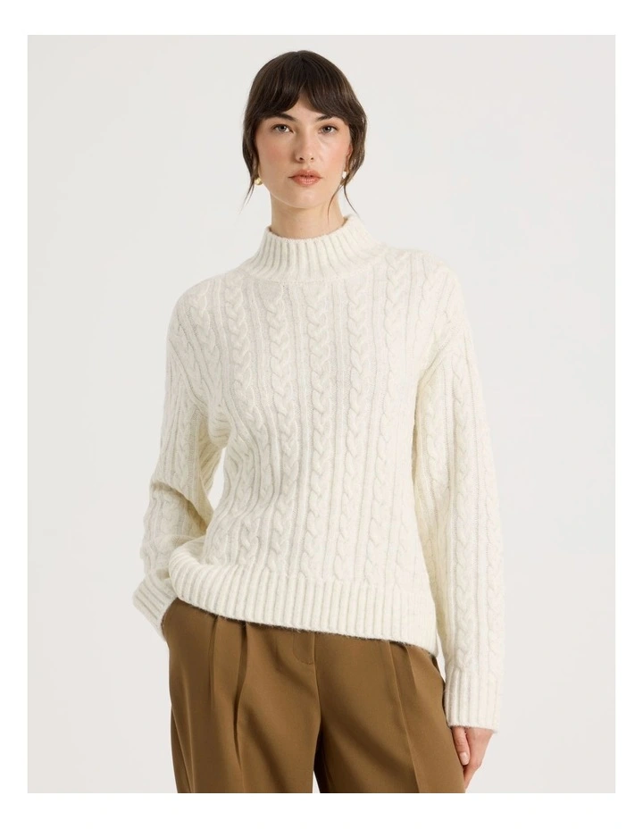 Cable Roll Neck Knit in Ecru image 1