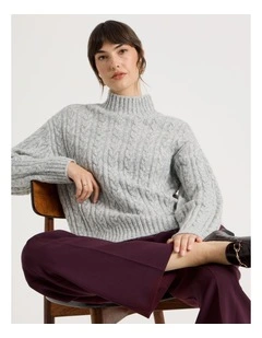 Cable Roll Neck Knit in Charcoal Melange
