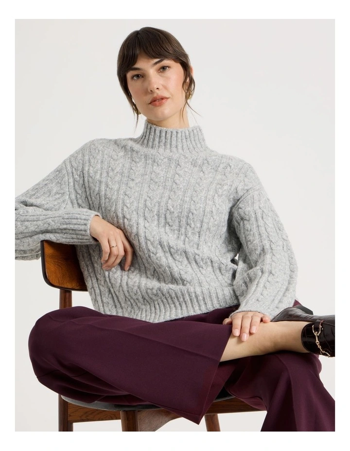 Cable Roll Neck Knit in Charcoal Melange image 1