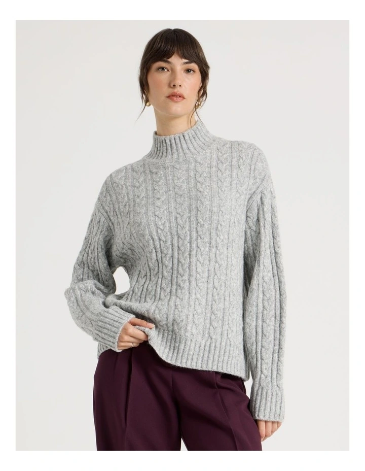 Cable Roll Neck Knit in Charcoal Melange image 2