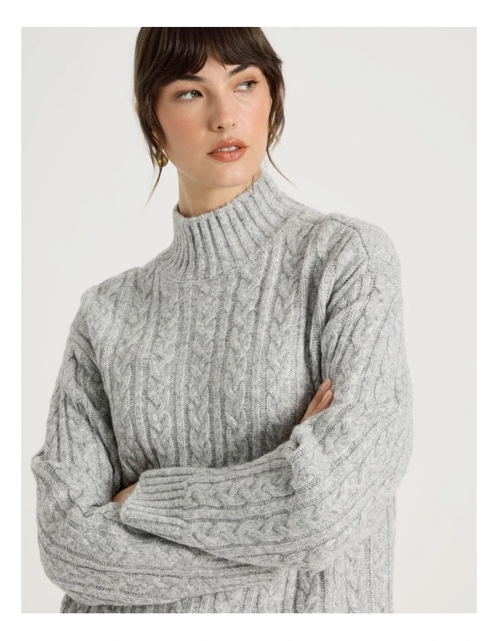 Cable Roll Neck Knit in Charcoal Melange image 3