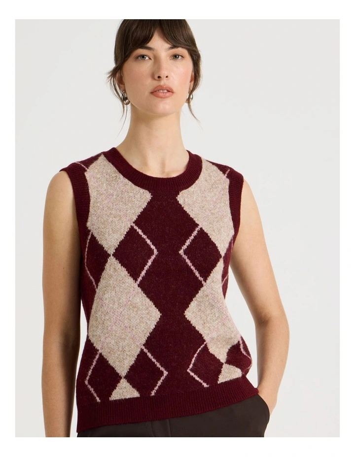 Knit Argyle Vest in Aubergine image 2