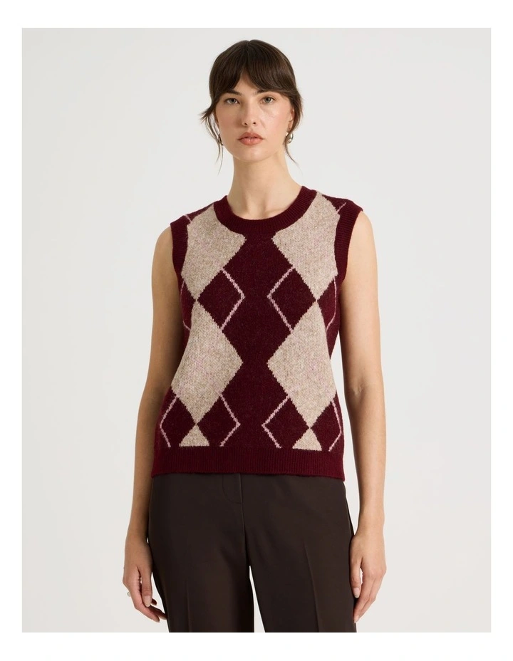 Knit Argyle Vest in Aubergine image 4