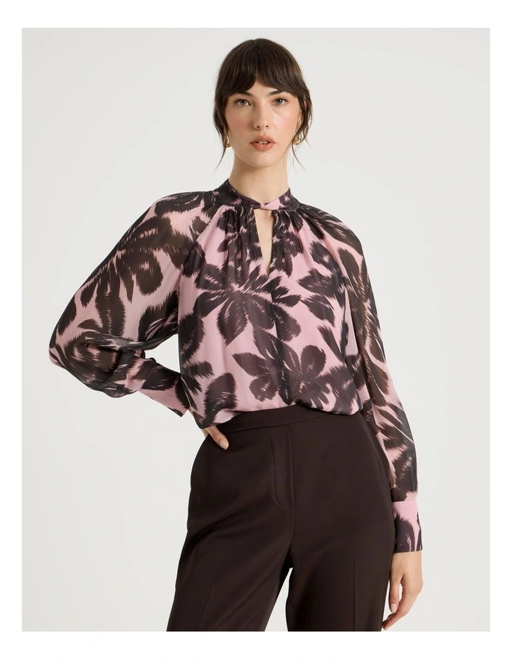 Long Sleeve High Neck Georgette Top in Pink Floral Print image 1