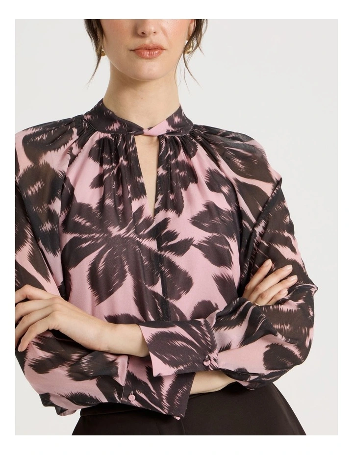 Long Sleeve High Neck Georgette Top in Pink Floral Print image 2
