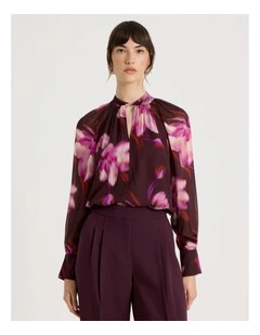 Long Sleeve High Neck Georgette Top in Plum Flower Print