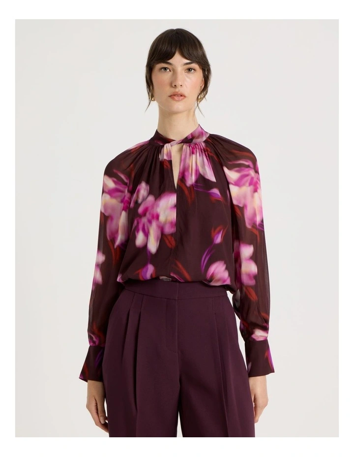 Long Sleeve High Neck Georgette Top in Plum Flower Print image 1