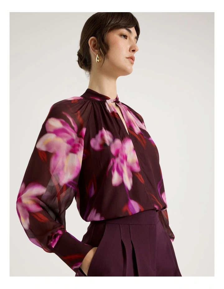 Long Sleeve High Neck Georgette Top in Plum Flower Print image 3