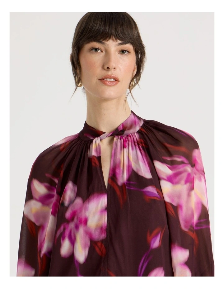 Long Sleeve High Neck Georgette Top in Plum Flower Print image 4
