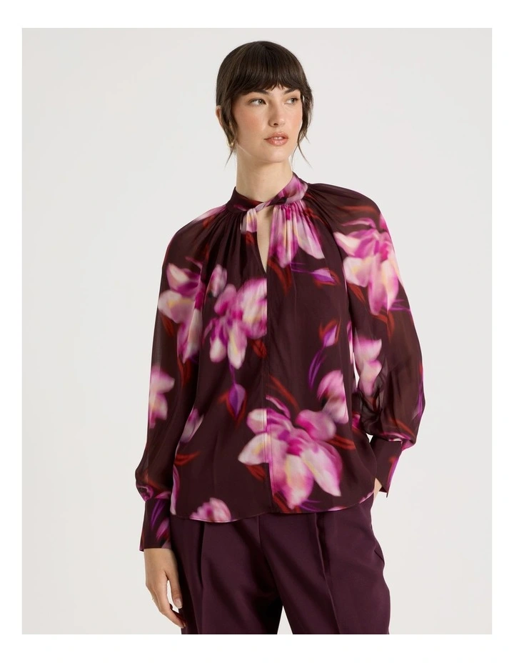 Long Sleeve High Neck Georgette Top in Plum Flower Print image 5