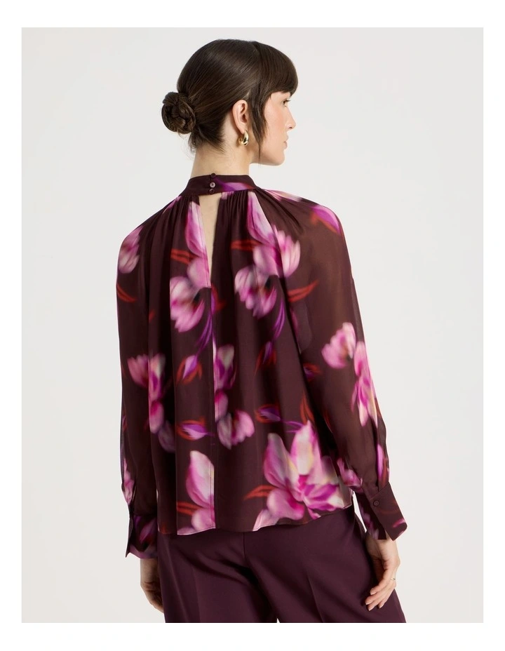 Long Sleeve High Neck Georgette Top in Plum Flower Print image 6