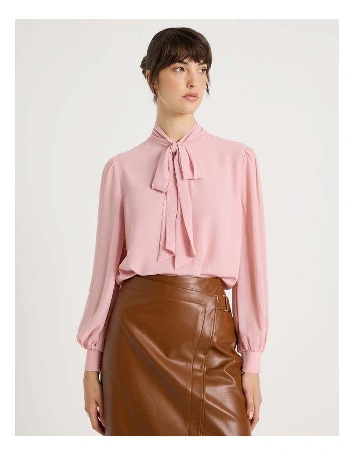 Georgette Tie Long Sleeve Blouse in Dusty Pink image 1