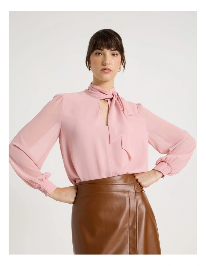 Georgette Tie Long Sleeve Blouse in Dusty Pink image 3