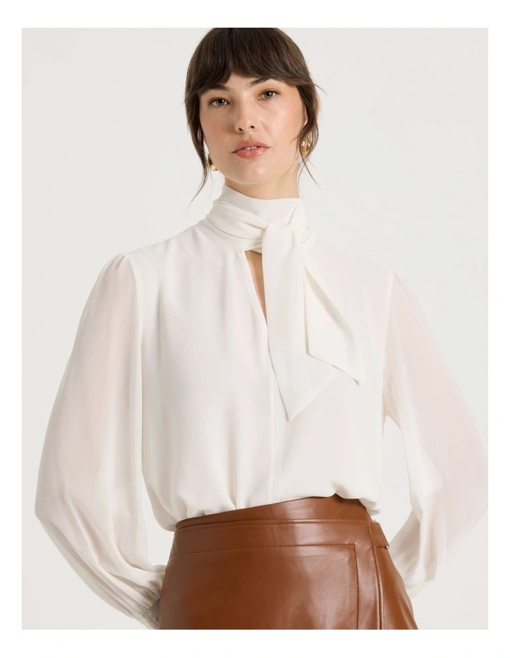 Georgette Tie Long Sleeve Blouse in Coconut image 2