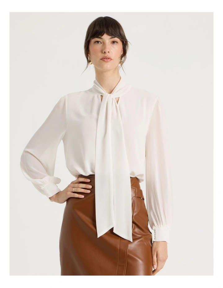 Georgette Tie Long Sleeve Blouse in Coconut image 4