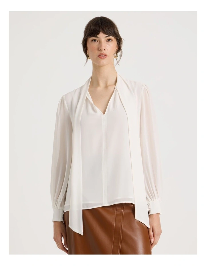 Georgette Tie Long Sleeve Blouse in Coconut image 5