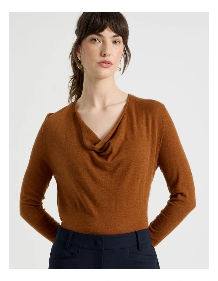 Long Sleeve Cowl Neck Top in Tan image 1