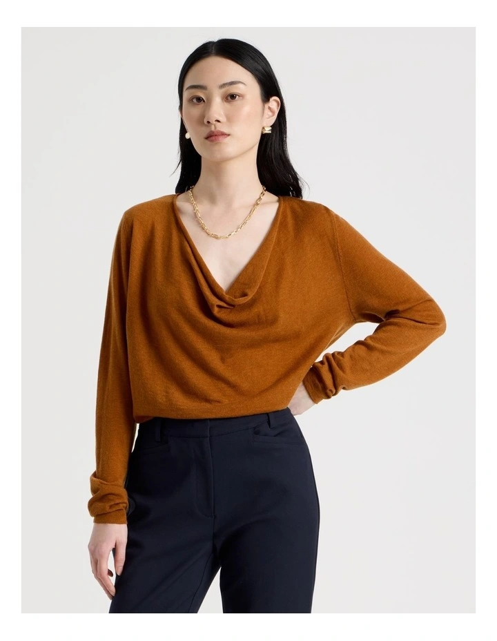 Long Sleeve Cowl Neck Top in Tan image 1
