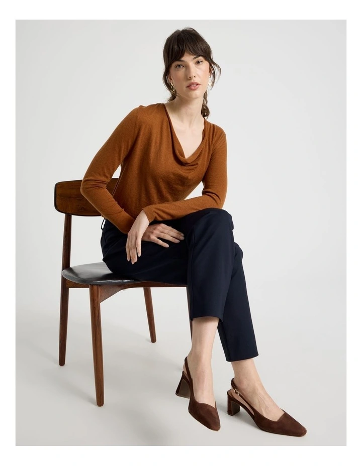 Long Sleeve Cowl Neck Top in Tan image 2