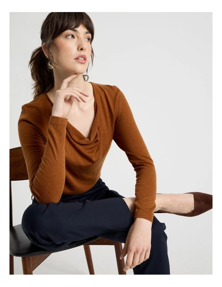 Long Sleeve Cowl Neck Top in Tan image 3
