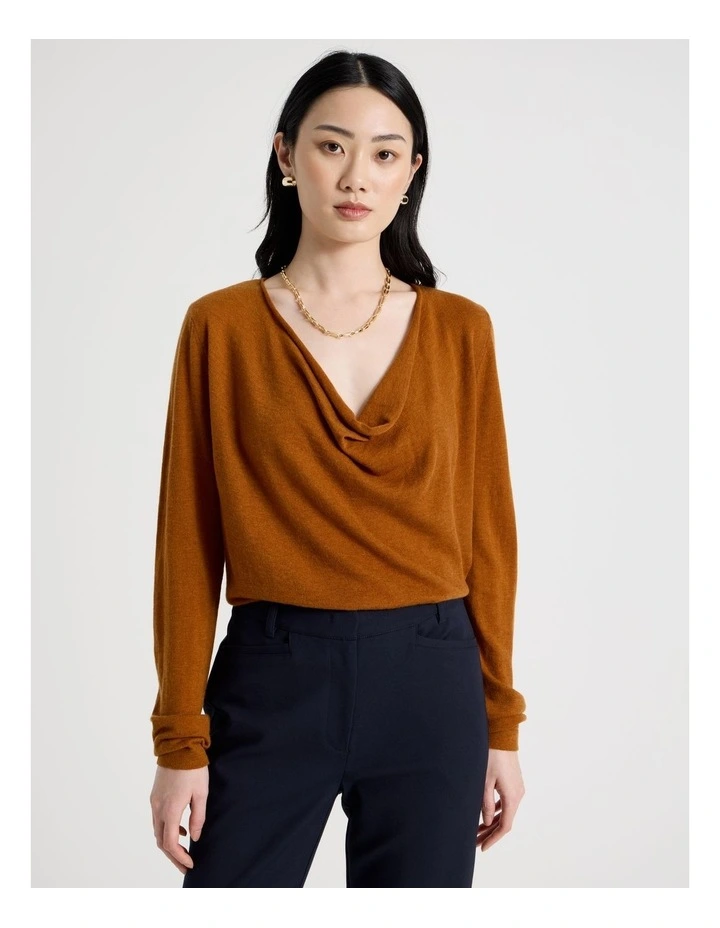 Long Sleeve Cowl Neck Top in Tan image 3