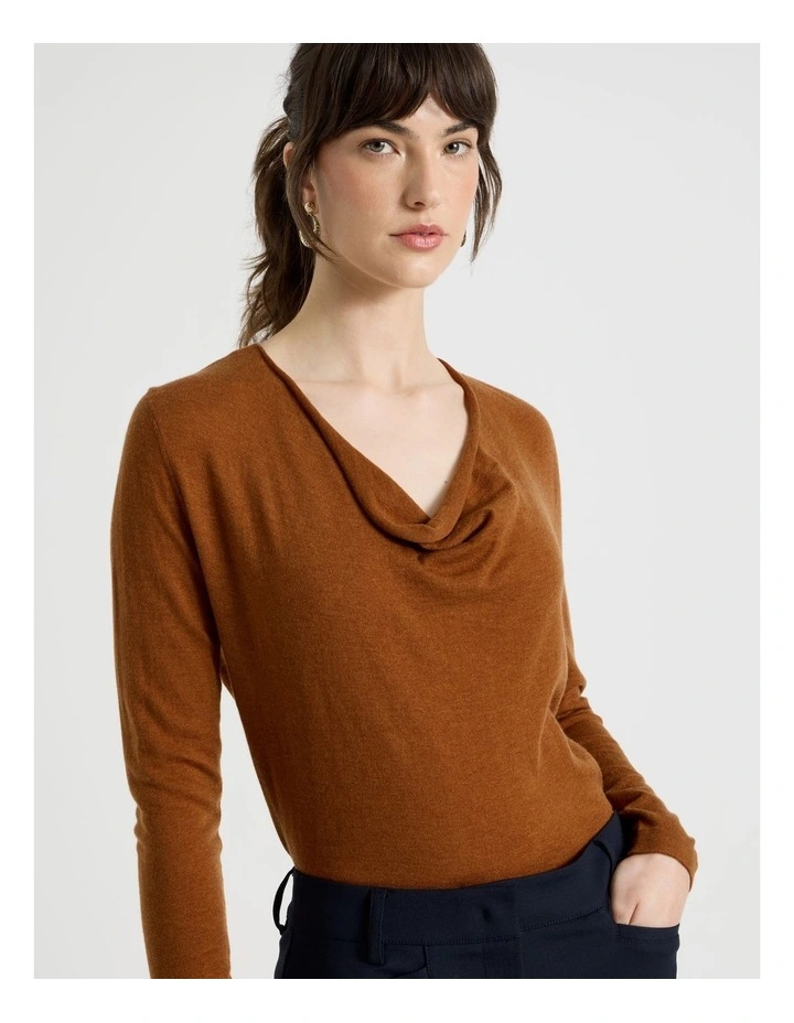 Long Sleeve Cowl Neck Top in Tan image 4