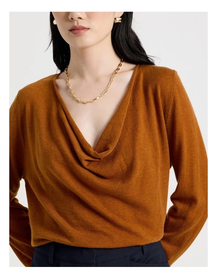 Long Sleeve Cowl Neck Top in Tan image 4