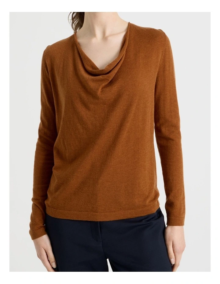 Long Sleeve Cowl Neck Top in Tan image 5