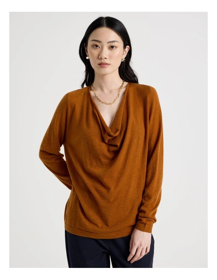 Long Sleeve Cowl Neck Top in Tan image 5