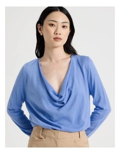 Long Sleeve Cowl Neck Top in Blue