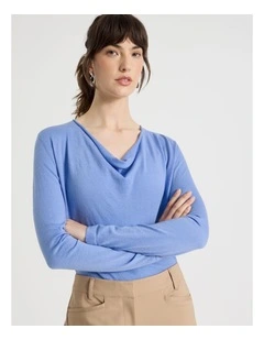 Long Sleeve Cowl Neck Top in Blue