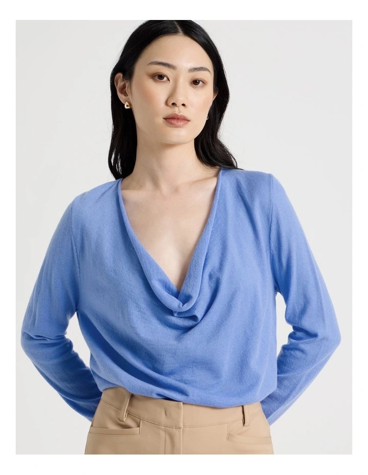 Long Sleeve Cowl Neck Top in Blue image 1
