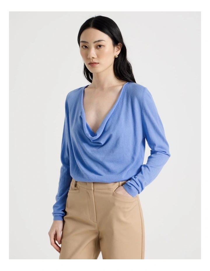 Long Sleeve Cowl Neck Top in Blue image 2