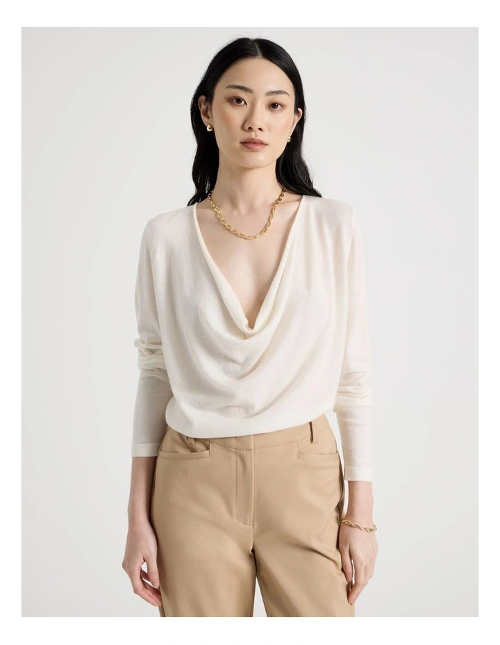 Long Sleeve Cowl Neck Top in Ecru image 1