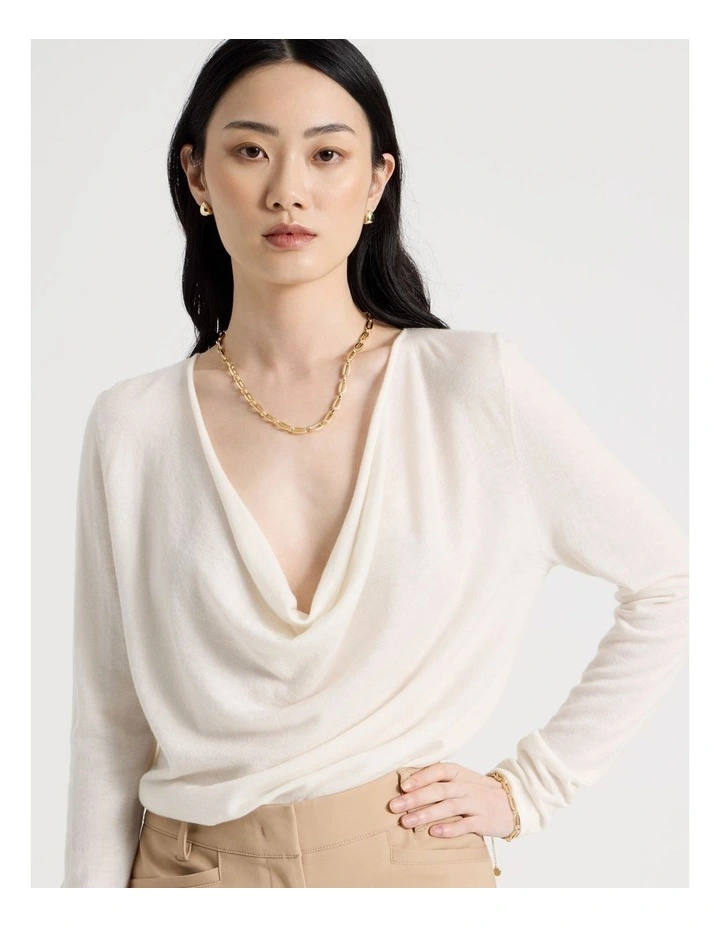 Long Sleeve Cowl Neck Top in Ecru image 2