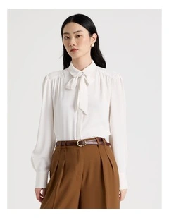 Long Sleeve Tie Blouse in Ecru