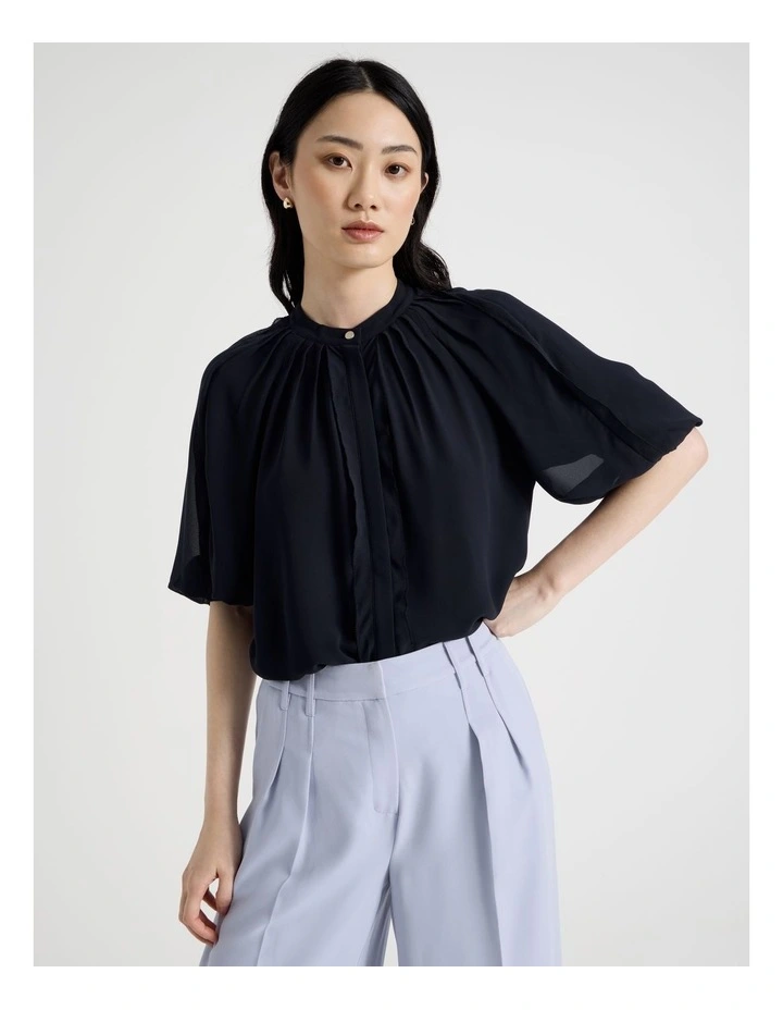 Short Sleeve Ruffle Detailed Blouse in Navy image 1