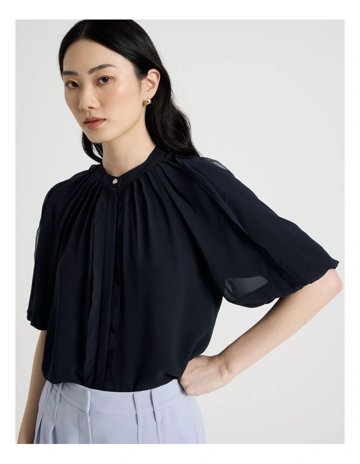 Short Sleeve Ruffle Detailed Blouse in Navy image 3